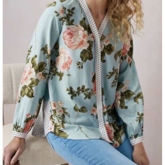 Soft Surroundings Montage Small Teal Floral Mixed Media Buttoned Shirt - Picture 1 of 4